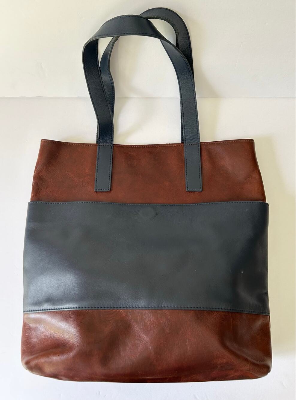Kiko Full Grain Leather Tote Color Block Navy & Brown Magnetic Close Retired